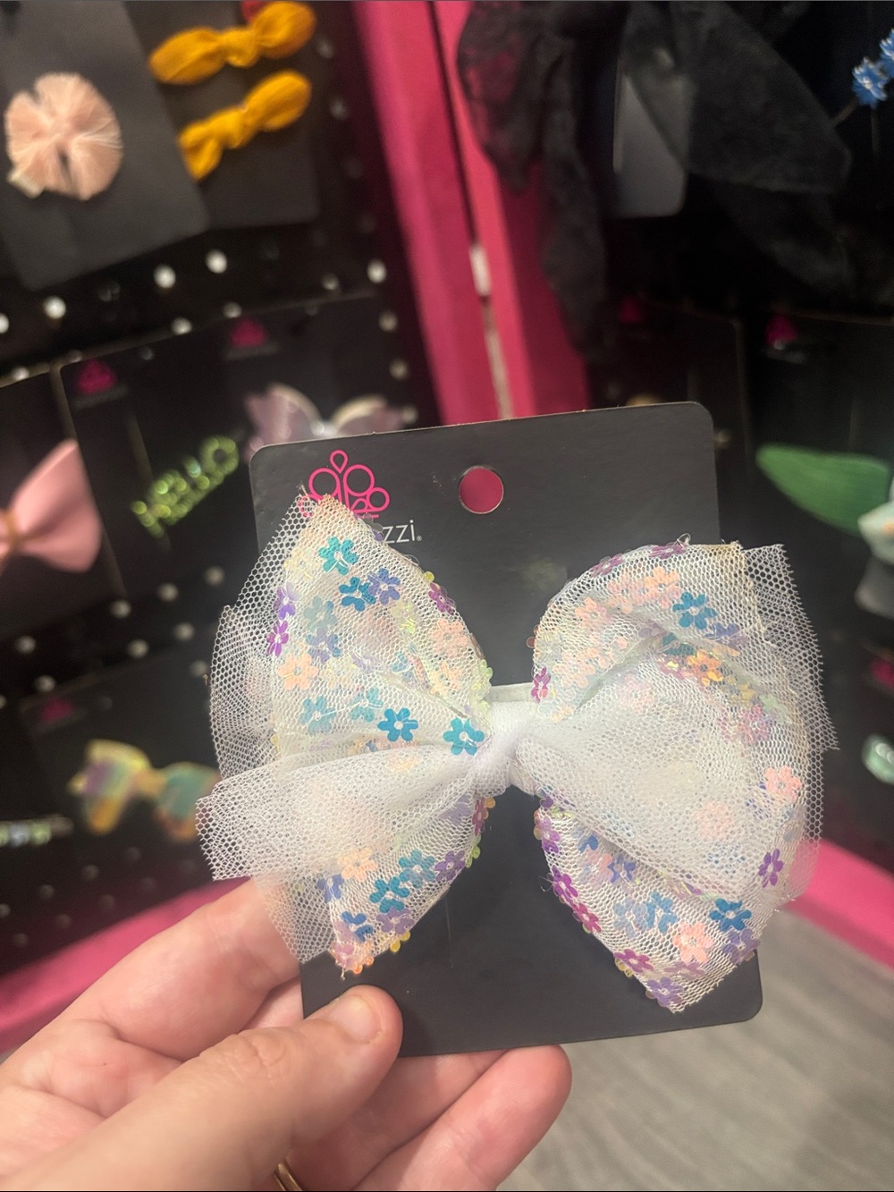 paparazzi Kids White Tulle Bow with Blue and Purple Floral Accents